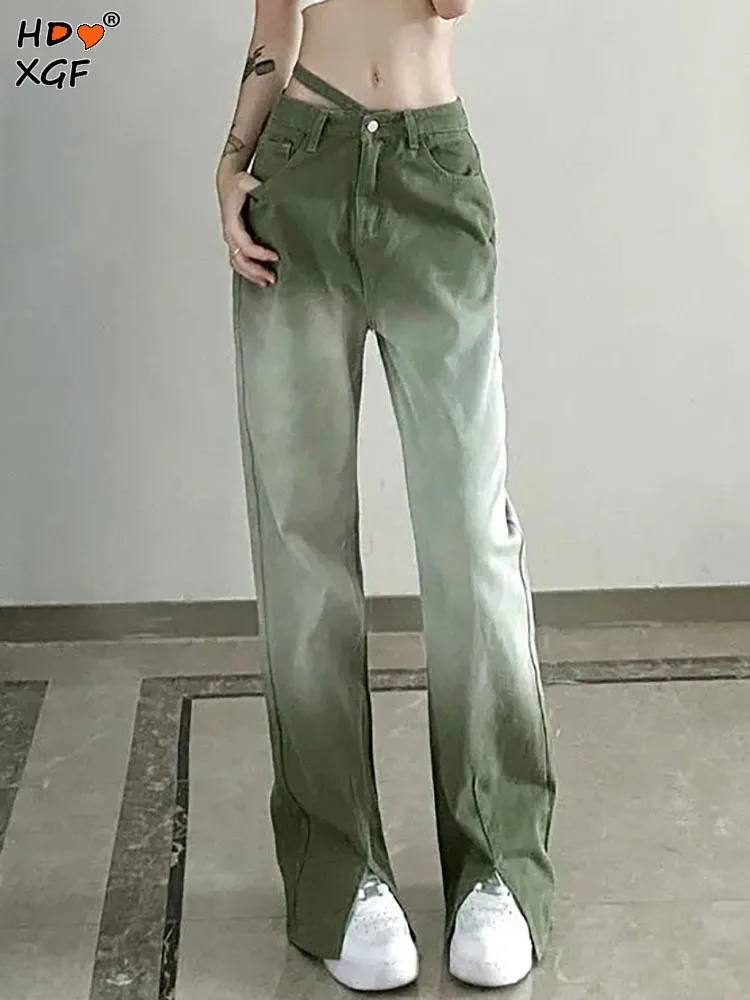 

Vintage Streetwear Gradient Green Jeans Women Y2k High Waist Split Flared Denim Trousers 2023 Spring Design Loose Wide Leg Jeans
