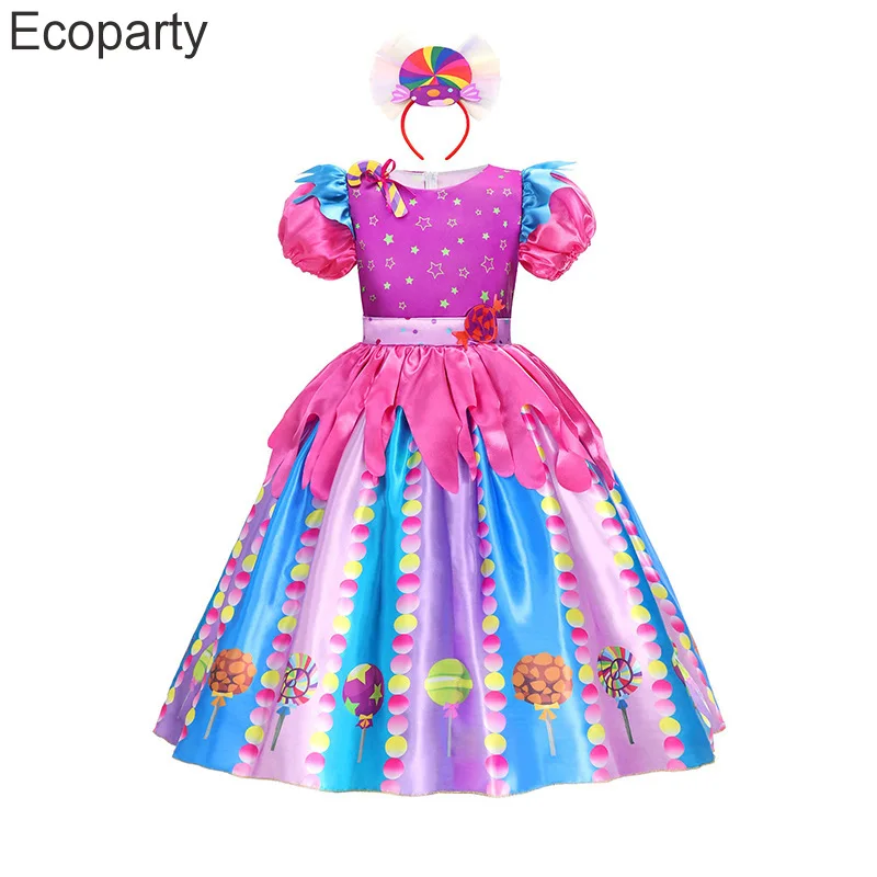 

Kids Rainbow Candy Princess Costume Summer Girls Lollipop Printed Puff Sleeve Dress With Headband Child's Birthday Party Clothes