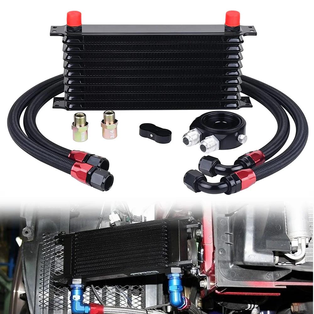 Car Universal 10 Rows AN10 Oil Cooler + Oil Filter Sandwich Adapter + Stainless Steel Braided AN10 Hose for Cooling System Parts oil cooler kit