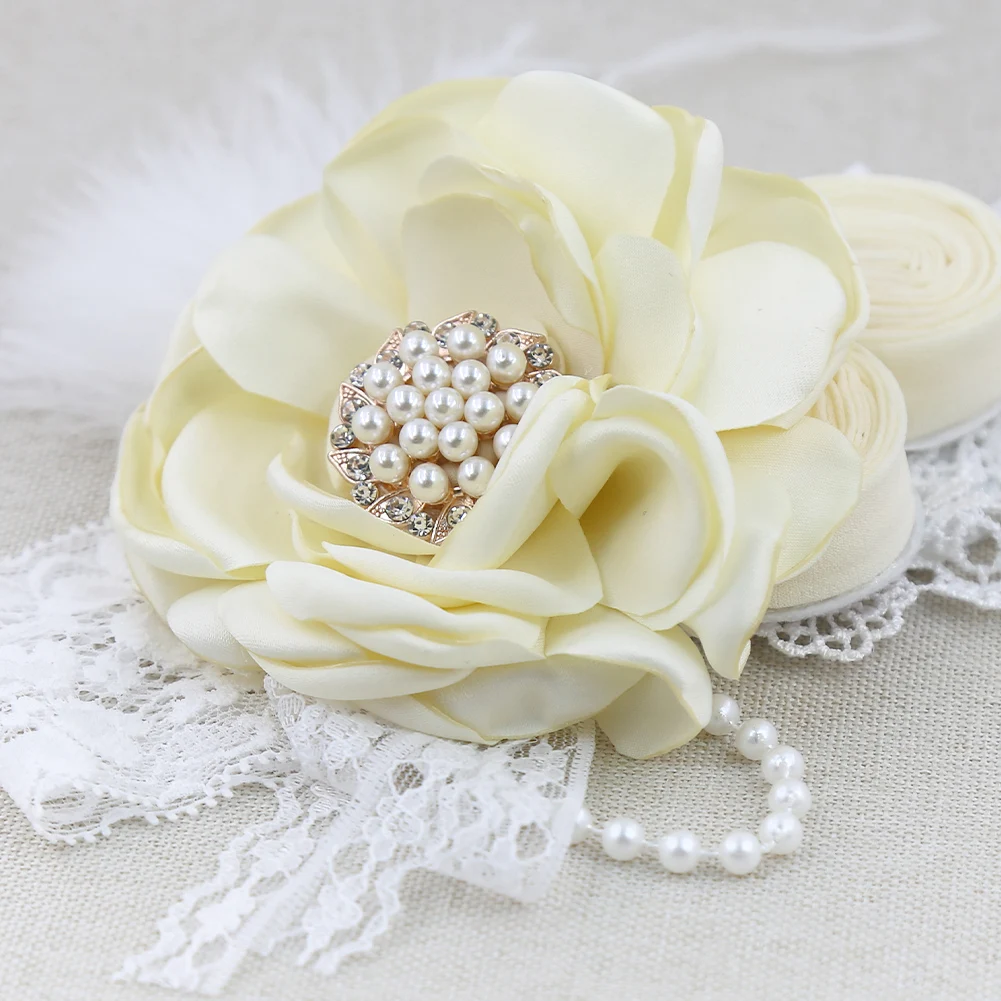 Vintage Flower Headband Baby Girls Headwraps Newborn Photography Props Gifts Lace Elastic Hair Bands Pearl Feather Accessories 3
