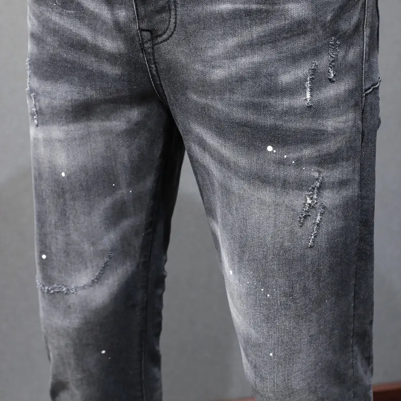 High Street Fashion Men Jeans Retro Black Gray Stretch Skinny Fit Ripped Jeans Men Painted Designer Hip Hop Brand Pants Hombre