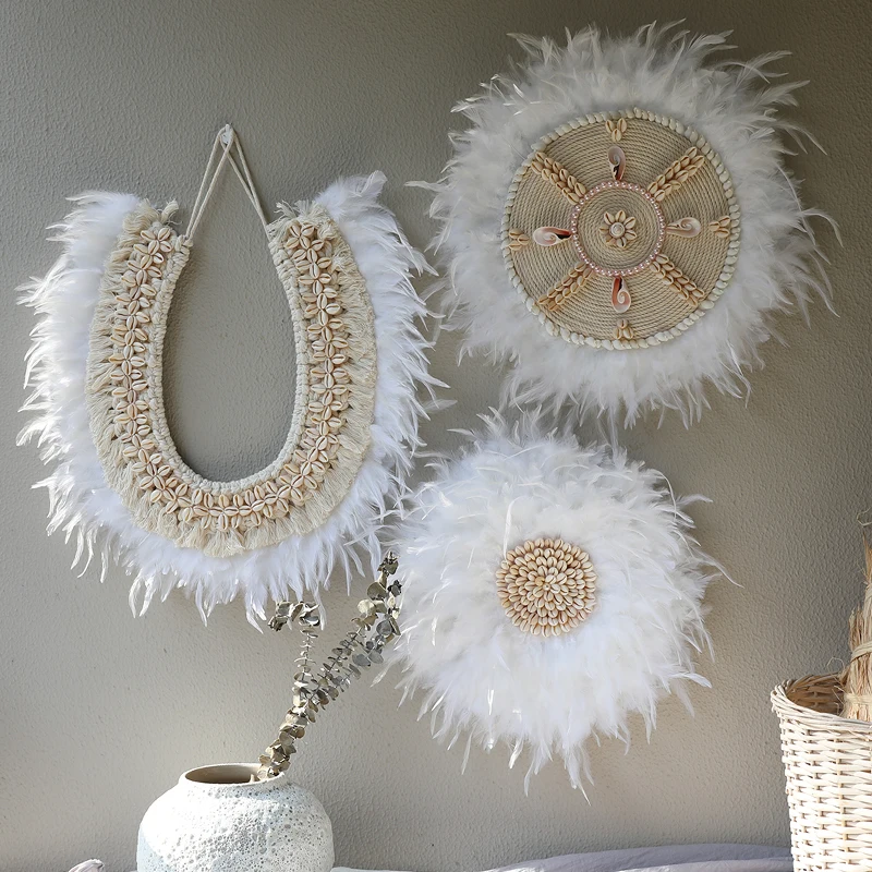 

Nordic Style White Feather Shell Round Wall Decoration Living Room Sofa Background Wall Homestay Room Wall Decoration Pendant