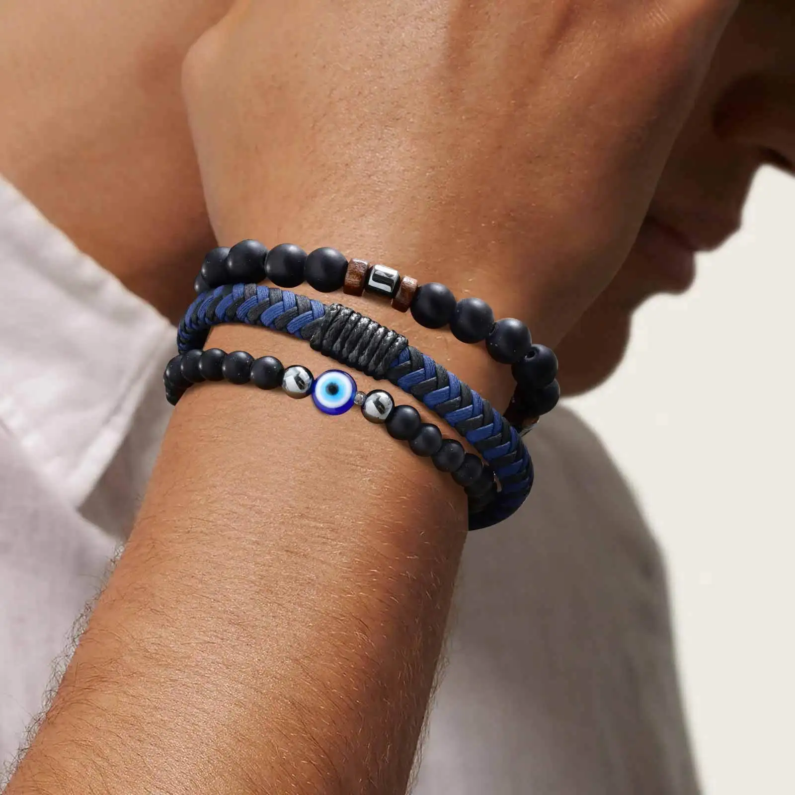 3pcs Devid Eye Beaded Bracelet for Men,Black Color Layers Leather Wristband,Birthday Anniversary Gift