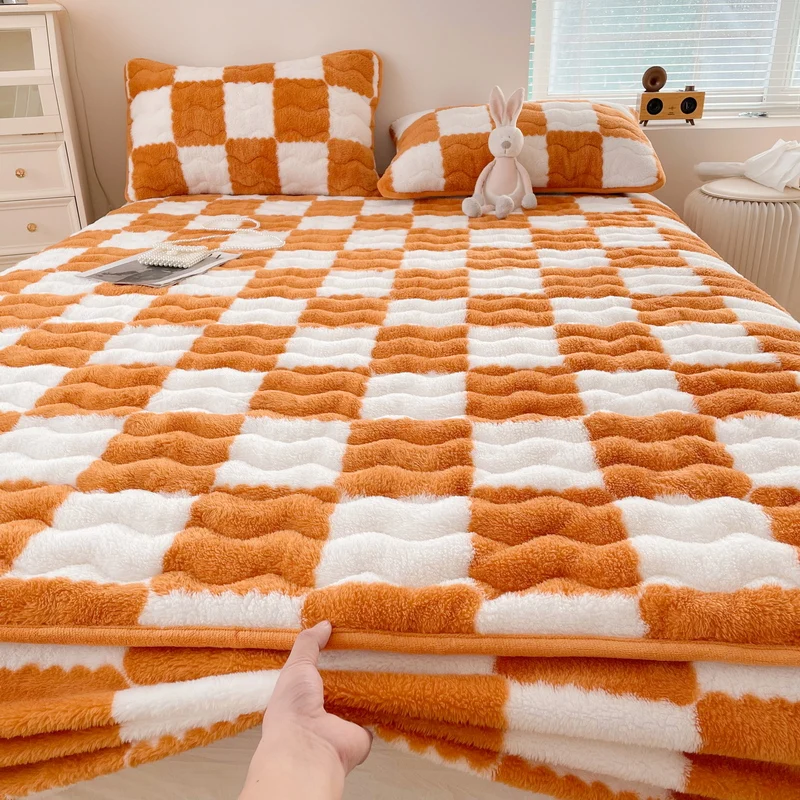 Soybean Cotton Mattress Cover Arctic Velvet Fitted Sheet  Pad Checkerboard Series Double Bed Dust Mite Queen King Size Home Deco 3