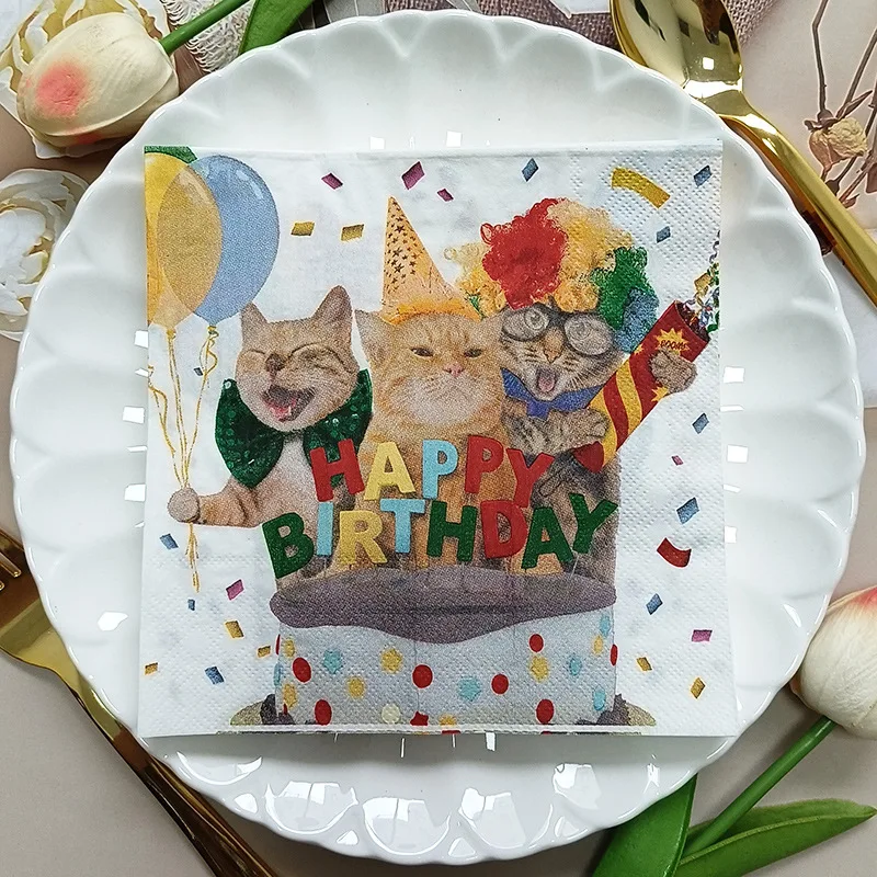 10/20pcs 33*33cm 2-Ply Three Cats Colourful Printed Napkins Birthday Party Decorative Paper Placemats Butterfly Bone Bart Paper