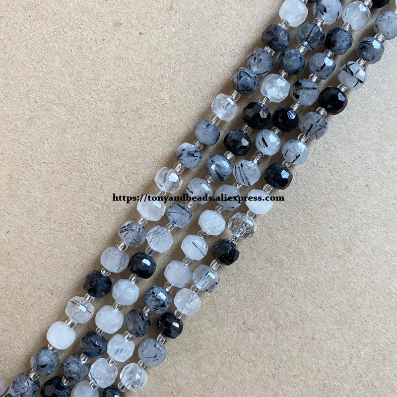 

Semi-precious Stone Diamond Cuts Faceted Rondelle Black Rutilated Quartz 7" Loose Beads Size 8x6mm For Jewelry Making DIY