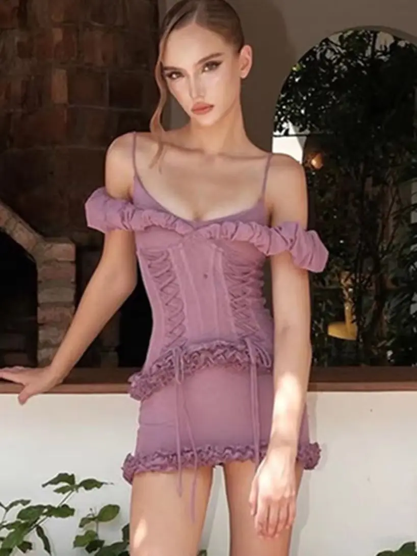 Nibber Patchwork Shirring Slash Neck Dress Women Sweet Mesh Ruffles Sleeveless Stretch Vacation Party Club Sexy Mini Bodycon