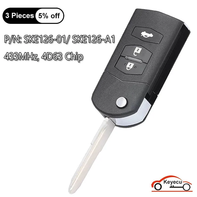 

KEYECU 3 Buttons 433MHz 4D63 Chip for Mazda 2 M2 3 M3 5 M5 6 M6 8 M8 Auto Flip Remote Control Key Fob P/N: SKE126-01 / SKE126-A1