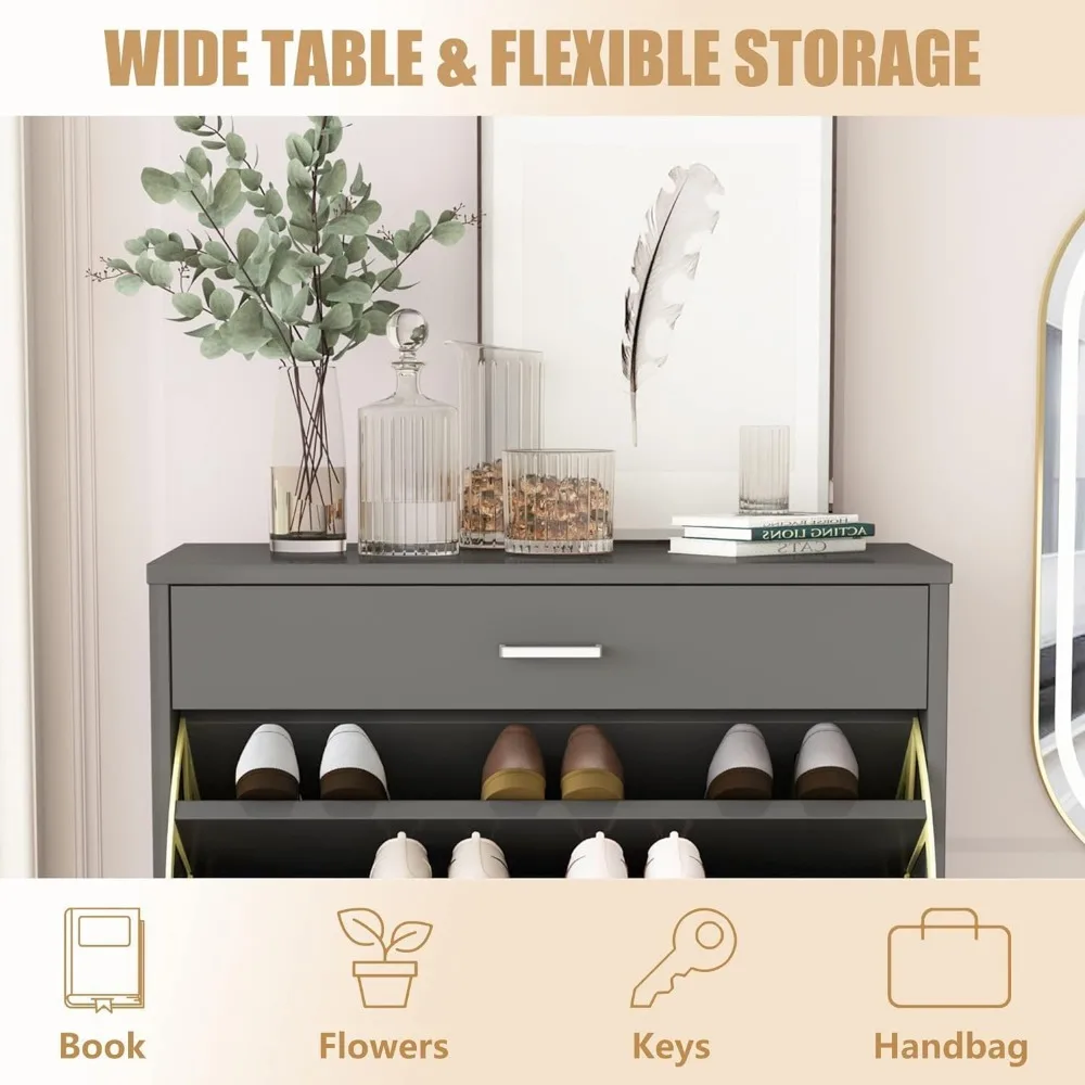 Shoe Storage Cabinet for Entryway, Free Standing Shoe Organizer with 2 Flip Drawers,Hidden Shoe Rack Storage Organizer 4