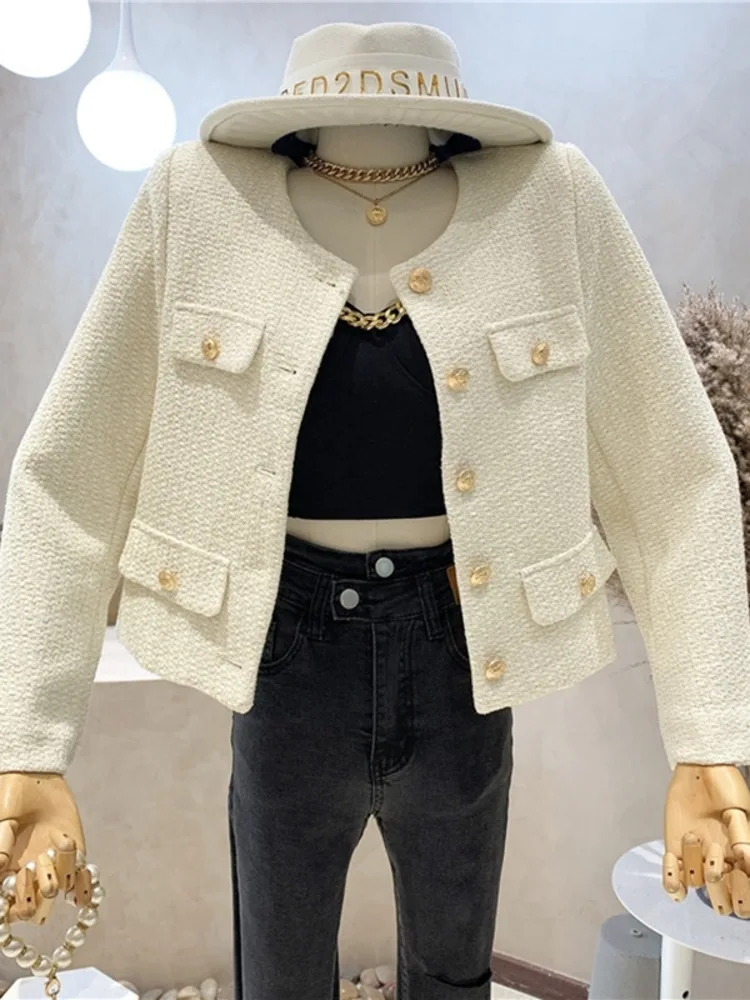 ジャケット・アウター Shetlend Wool Tweed D. Short Coat Jacket Short Coat Womens New Tweed Crew Neck Autumn Work Wear Coat