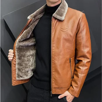 Winter Fashion Warmth Thickened Leather Jacket Lapel Solid Zipper Design Plus Size Men's Leather Jacket Bomber Fleece Coat