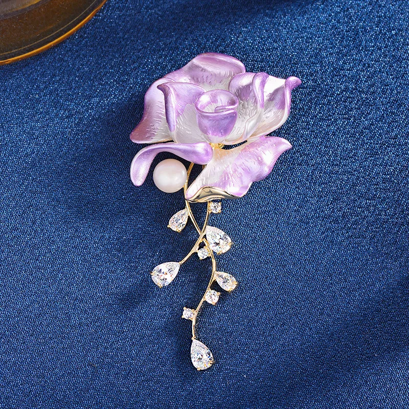 

Enamel Two-tone Floral Brooch High-end Women's Suit Large Dress Accessories Freshwater Pearl Fashion Pin Corsage
