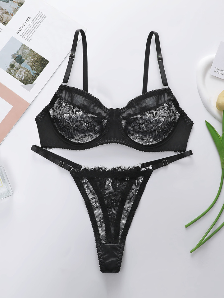 Women's sexy lace bra set with embroidered flowers and steel rims gathered push ups breathable and fun lingerie set A1145
