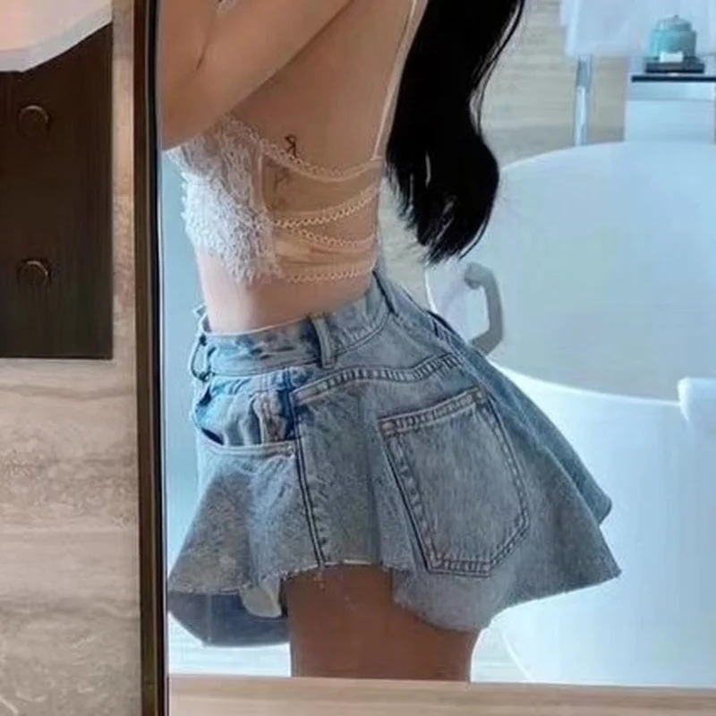 Fashion 2022 Summer And Autumn Sexy Ruffled Hem Big Wide Leg Lace Up Mid-waist Waist Bag Zipper Loose Mini Denim Shorts Women