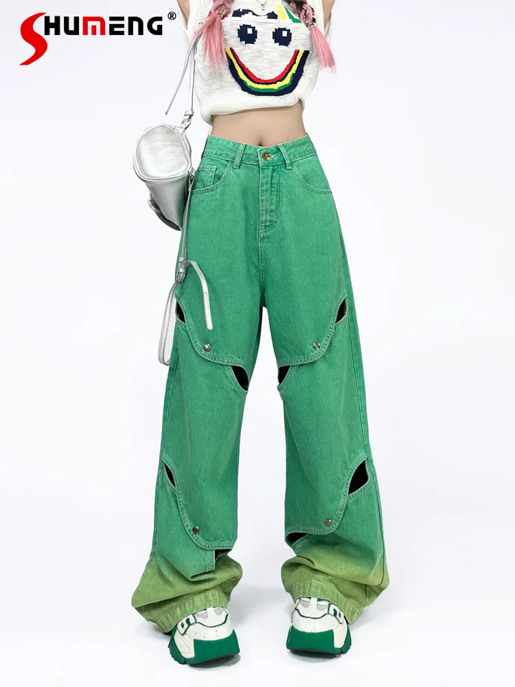 

2023 Summer New Ripped Detachable Versatile Pants Gradient Wash Personality Straight Slimming High Waist Jeans for Women