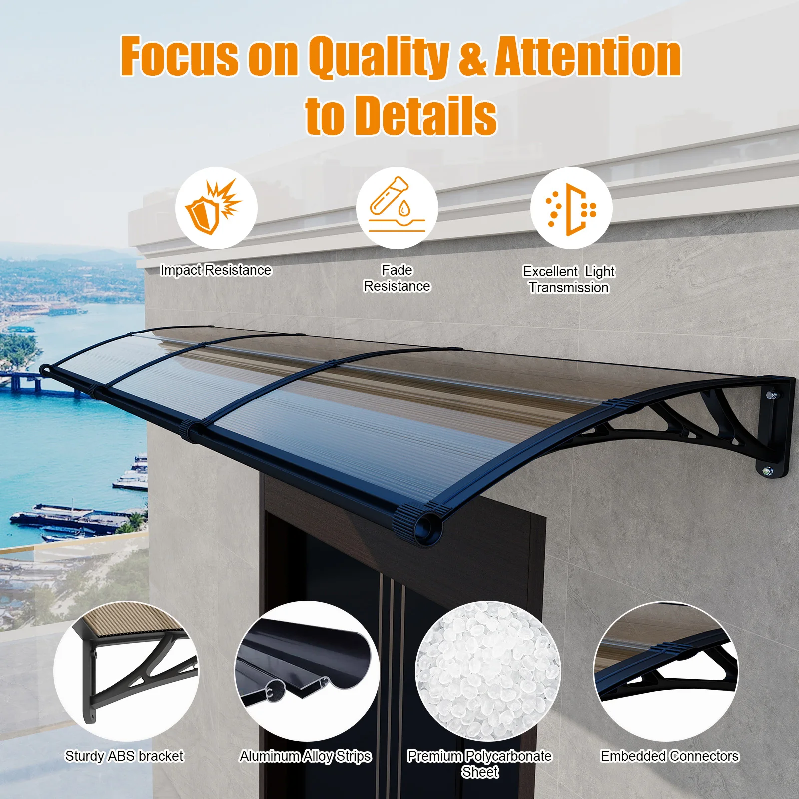 Large Gutter Window Awning Door Canopy Polycarbonate Cover Patio Door Awning UV Rain Snow Sunlight Protection
