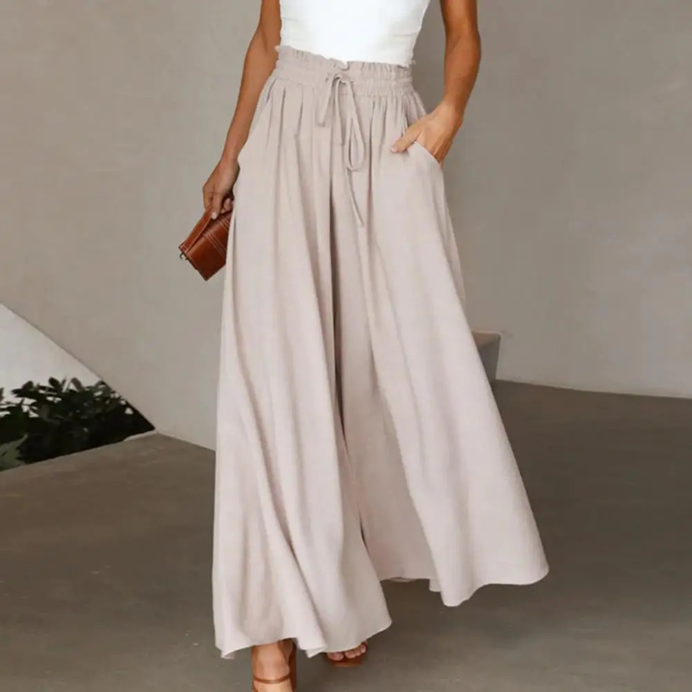 

Elegant Women Wide Leg Pants Solid Color Loose-fitting Elastic Waist Drawstring Pocket Summer Female Trousers Long Culottes