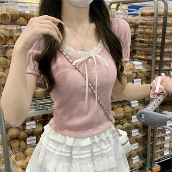 Pink Ruffle Edge Patchwork Short Sleeved T-shirt for Women Summer Cute Slim Two Pieces Girls Short Top Trendy 1