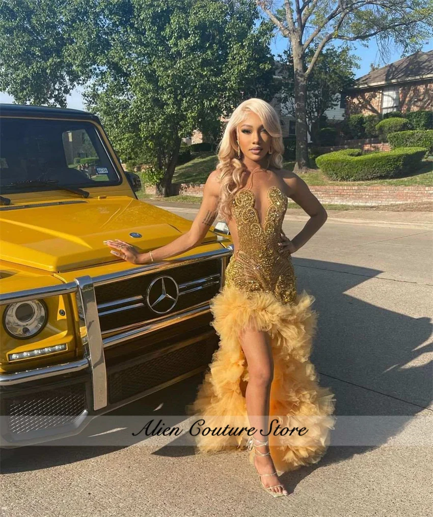 Women Prom Dresses Sparkly Gold Diamonds Mermaid For Black Girls