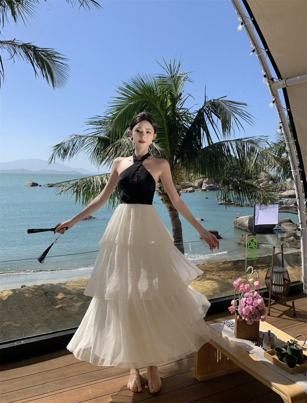 Elegant Patchwork Ruffles Cake Dresses for Women Halter Sleeveless Backless Evening Party Dress Prom A-line One Piece Vestido