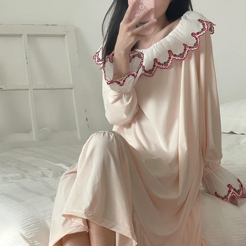 New imitation silk autumn and winter Korean version nightdress women's long-sleeved mid-length cute sweet plus size home service