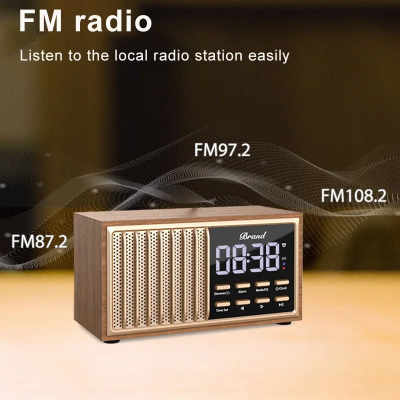 Wooden Retro Wireless Bluetooth Speaker FM Radio Support Handsfree Call Music Player Alarm Clock TF Card U Disk Portable Audio