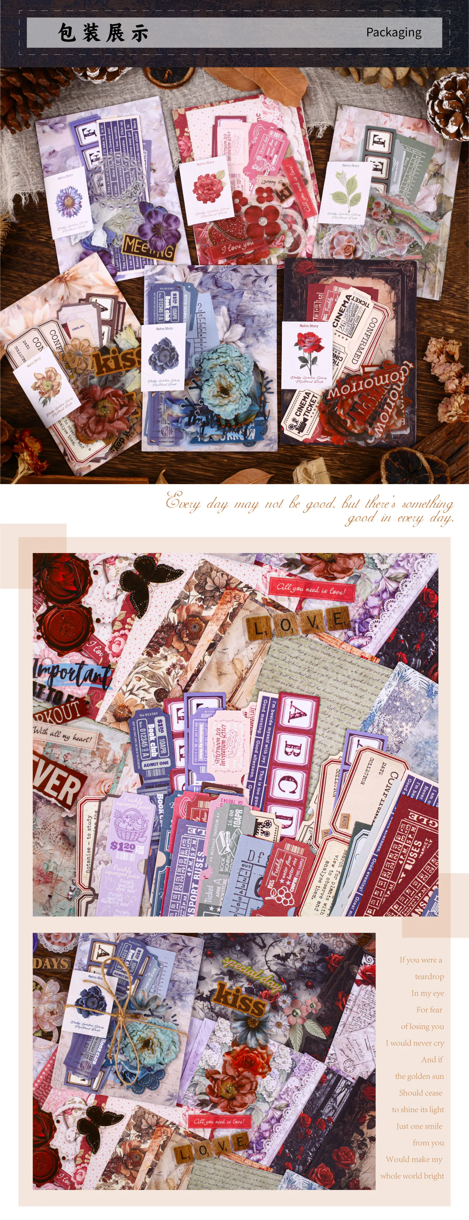 JIANQI 50-teiliges Scrapbook-Set, Aufkleber und dekorative Papiermischung, DIY-Scrapbooking, Tagebuch, Album, Collagenmaterial, Bastelbedarf – Detail 2