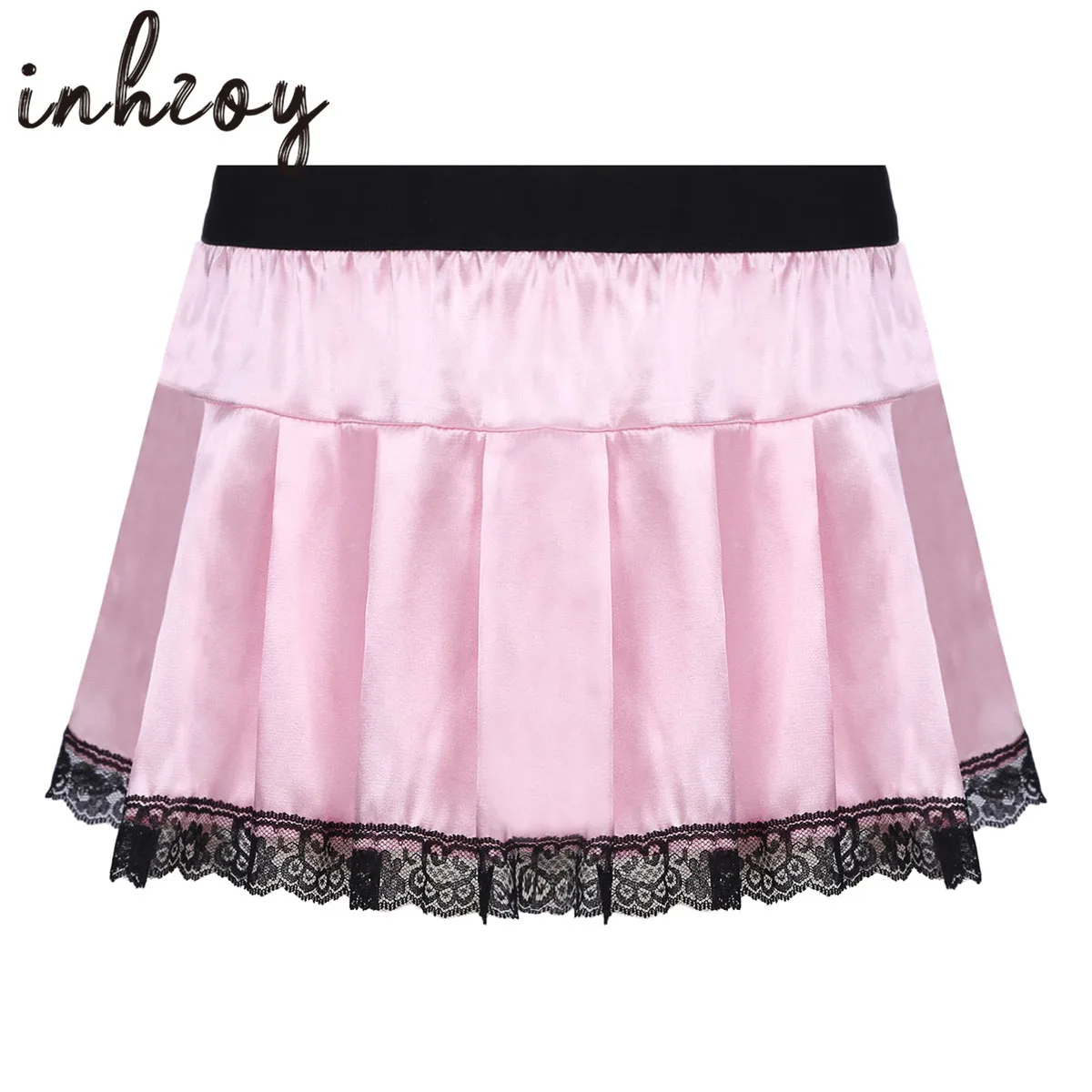 Gay Male Sissy Skirt Shiny Satin  Lace Trim Pleated Miniskirt Mens Role Play Costume Crossdressing Nightwear Sleepwear Clubwear