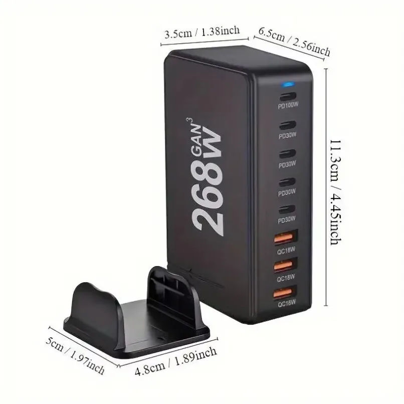 Phone Charger Station 268W Power Adapter 8-Port Fast Charging 100W PD QC3.0 for Phone Tablet Laptop Home Travel Office USB Type-C Dock