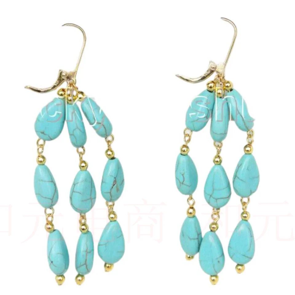 Orecchini Pendenti In Oro Con Turchese Blu AAA E Pietre Naturali – 6x9mm, Fatti A Mano