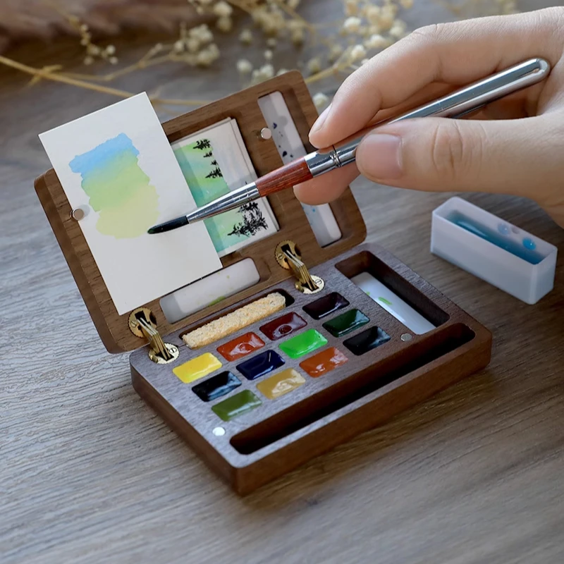 12Color Solid Watercolor Paint Portable Mini Walnut Magnetic Paint Box Travel Painting Sketching Watercolor Palette Art Supplies