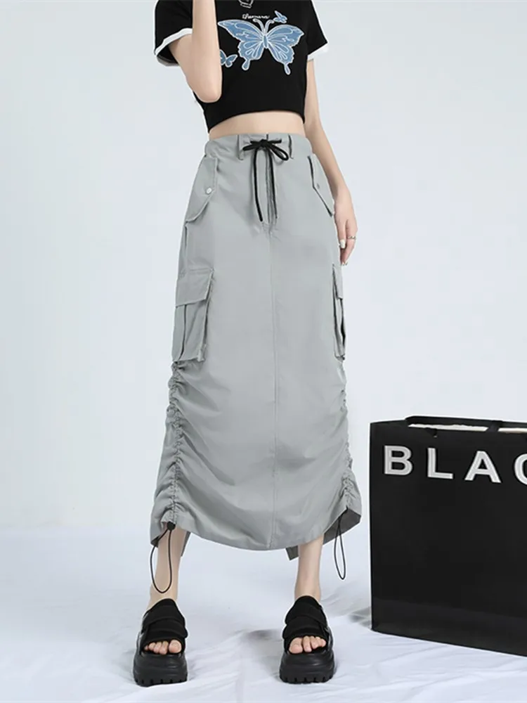 

GUUZYUVIZ Green Side Drawing Folds Pocket Cargo Skirts For Women Summer High Waist Vintage Midi Skirt Casual Women Skirt 2023