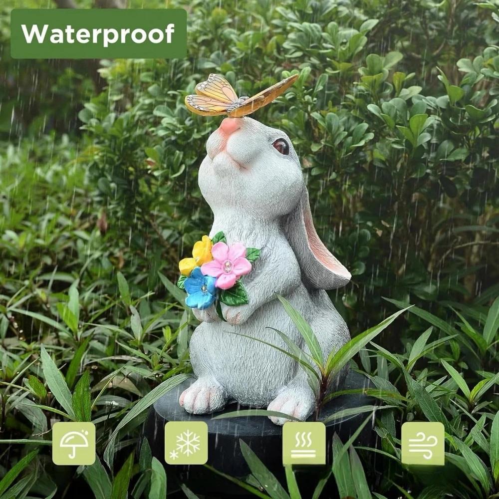 Solar Bunny Statue Garden Decor with Butterfly LED Light