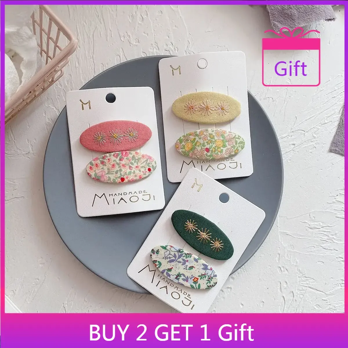 Clips de flequillo ovalados florales de tela, horquillas coreanas BB, juego de 2 uds., pinzas para el cabello sin tirar para niñas y niños, accesorios para el cabello