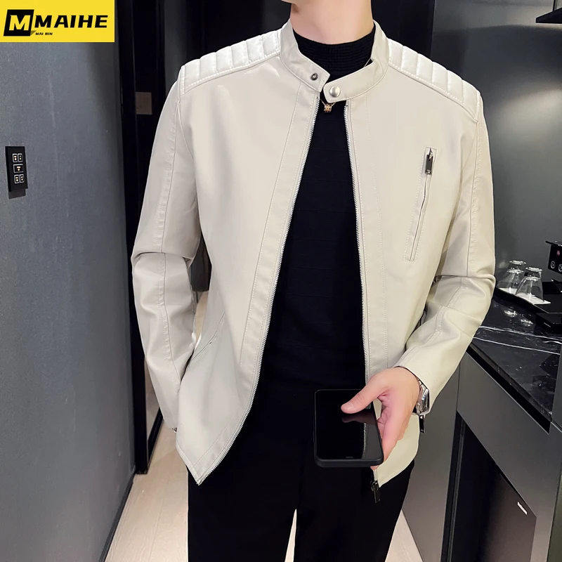 Mens White Leather Jackets Fashion Trend Simple Personality Men's Autumn Spring PU Leather Jackets Winter Slim Windbreaker Mens cotton jacket diamond winter jackets for women 2023 thickened personality bread clothes loose fashion woman clothing new coat