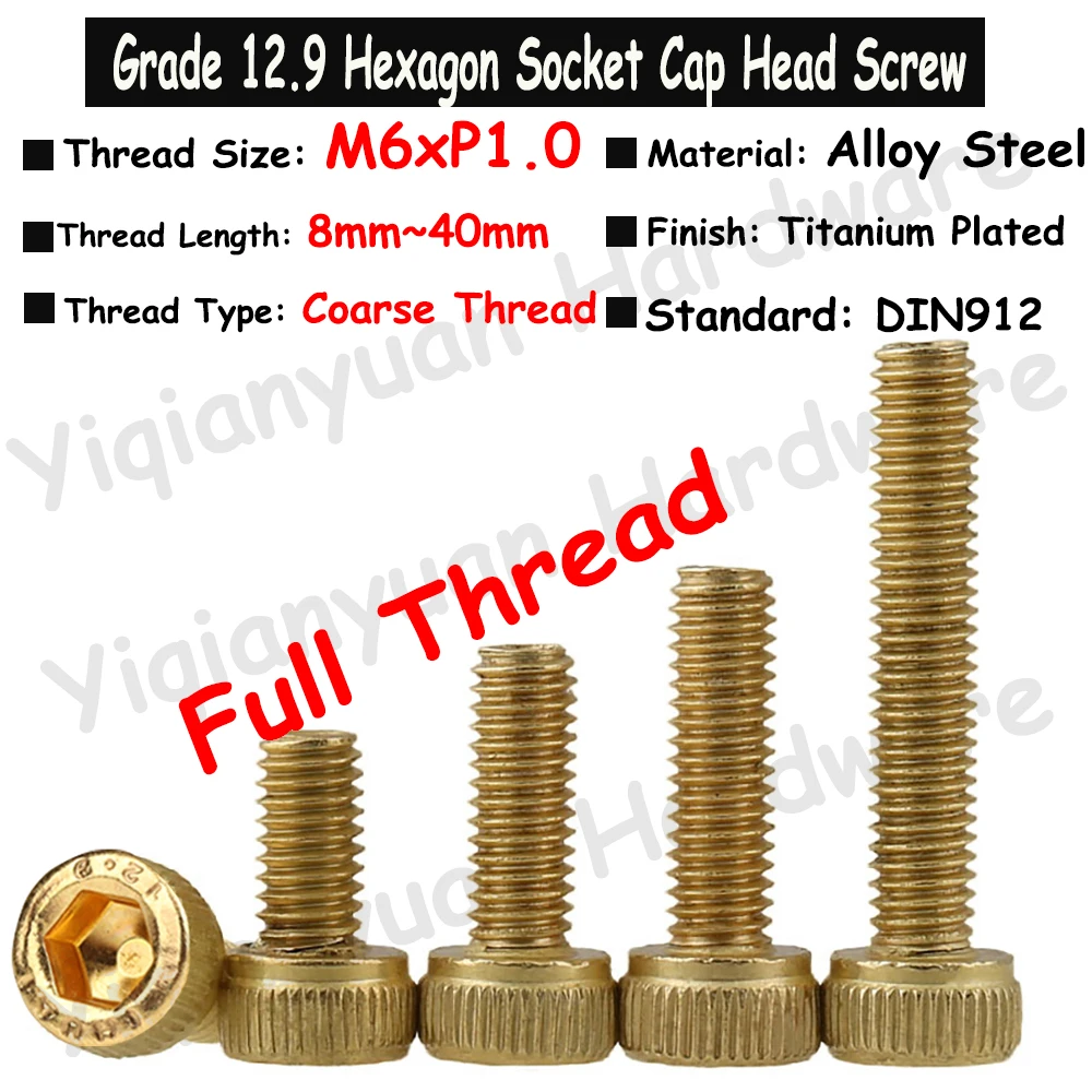 

5Pcs~10Pcs M6 DIN912 Grade 12.9 Alloy Steel Titanium Plated Hexagon Socket Knurled Cap Head Screws Allen Key Bolts Full Threaded