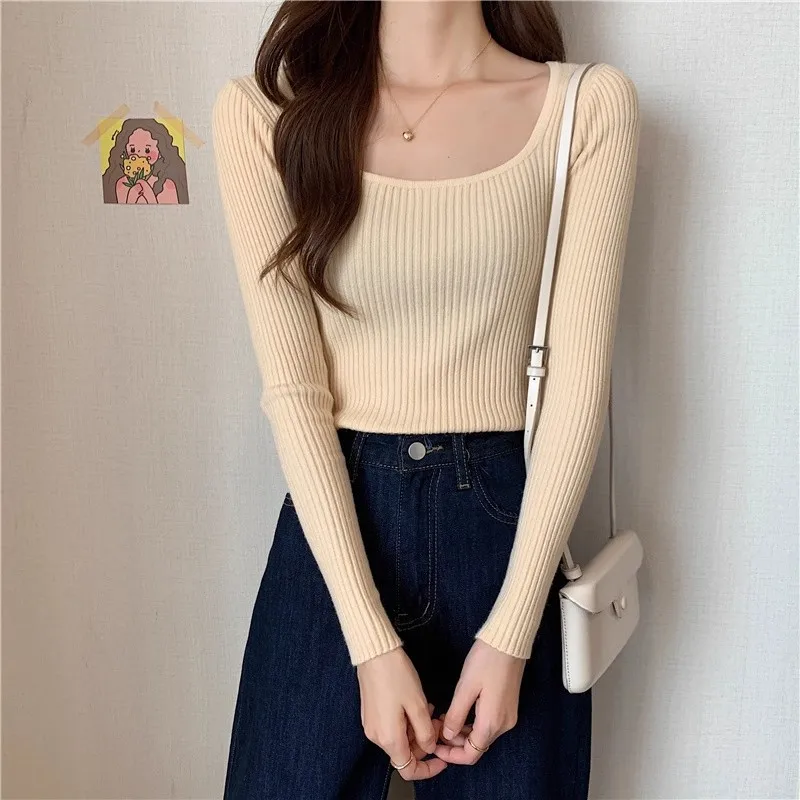 Frauen Grundlegende Solide Square-neck Pullover Hohe Qualität Slim Fit Beiläufige Gestrickte Pullover Herbst Winter Langarm Basis Schicht tops – Detail 25