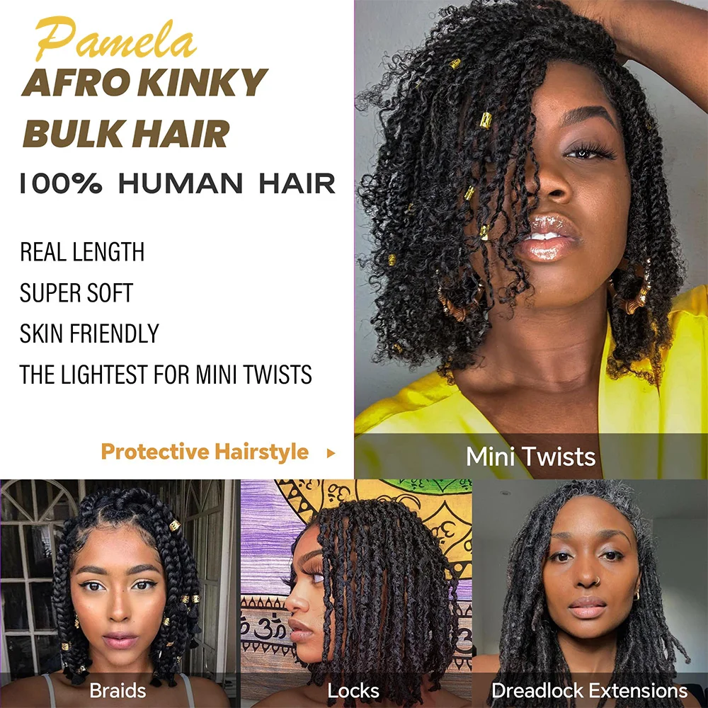Afro Kinkys Bulk Human Hair 100% Real Human Hair for Mini Twist Braiding Loc Extensions & Crochet Kinky Curly Hair Bundles