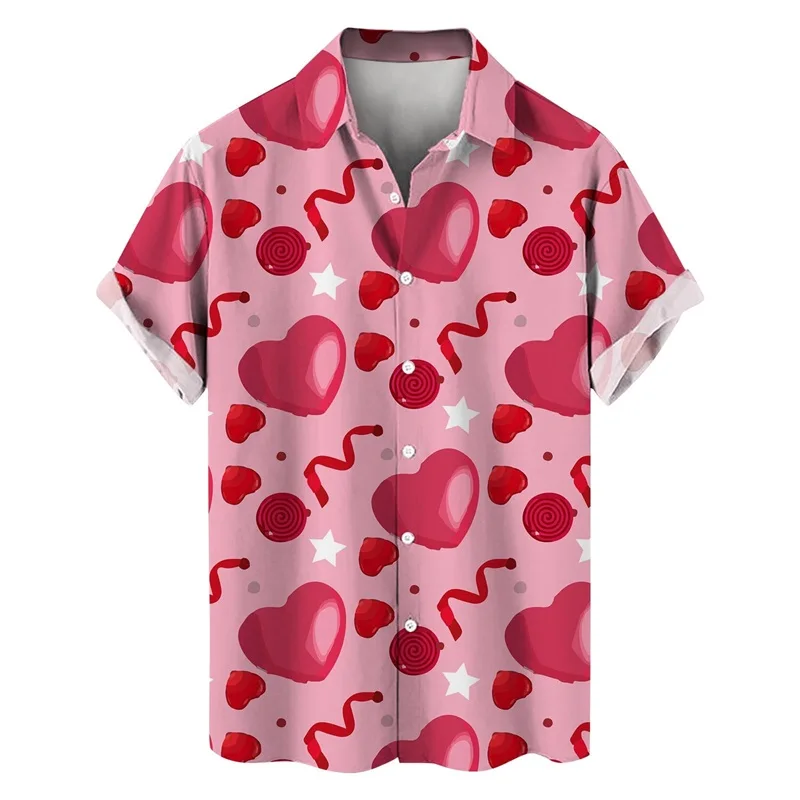 thumbnail image 1 of Camisas con botones para el día de San Valentín con estampado 3D para hombre, camisas casuales de verano de manga corta con cuello extendido para la playa, camisas de moda para hombre, 1 of 4