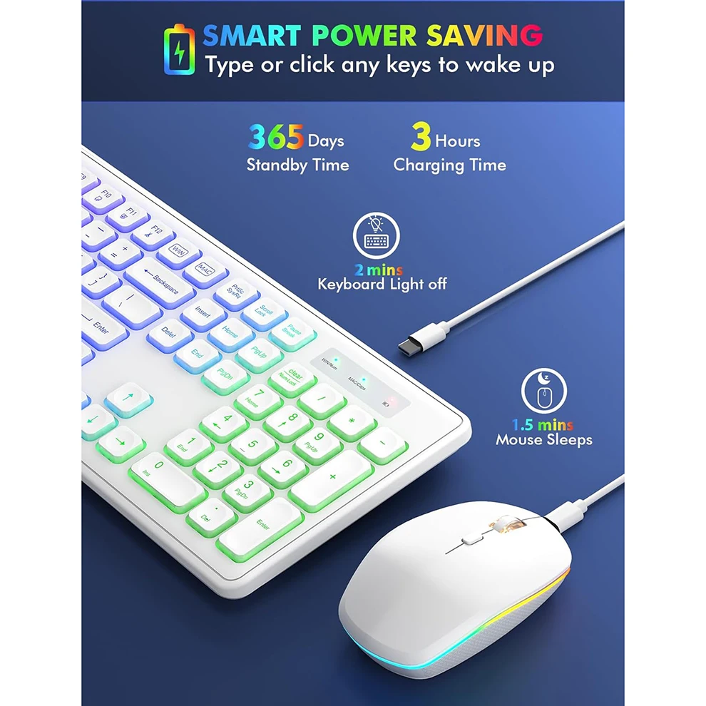 Combo de Mouse e Teclado Retroiluminado Recarregável Full-size Ergonômico 2.4g Silencioso Mac Windowslaptop pc - Imagem 3