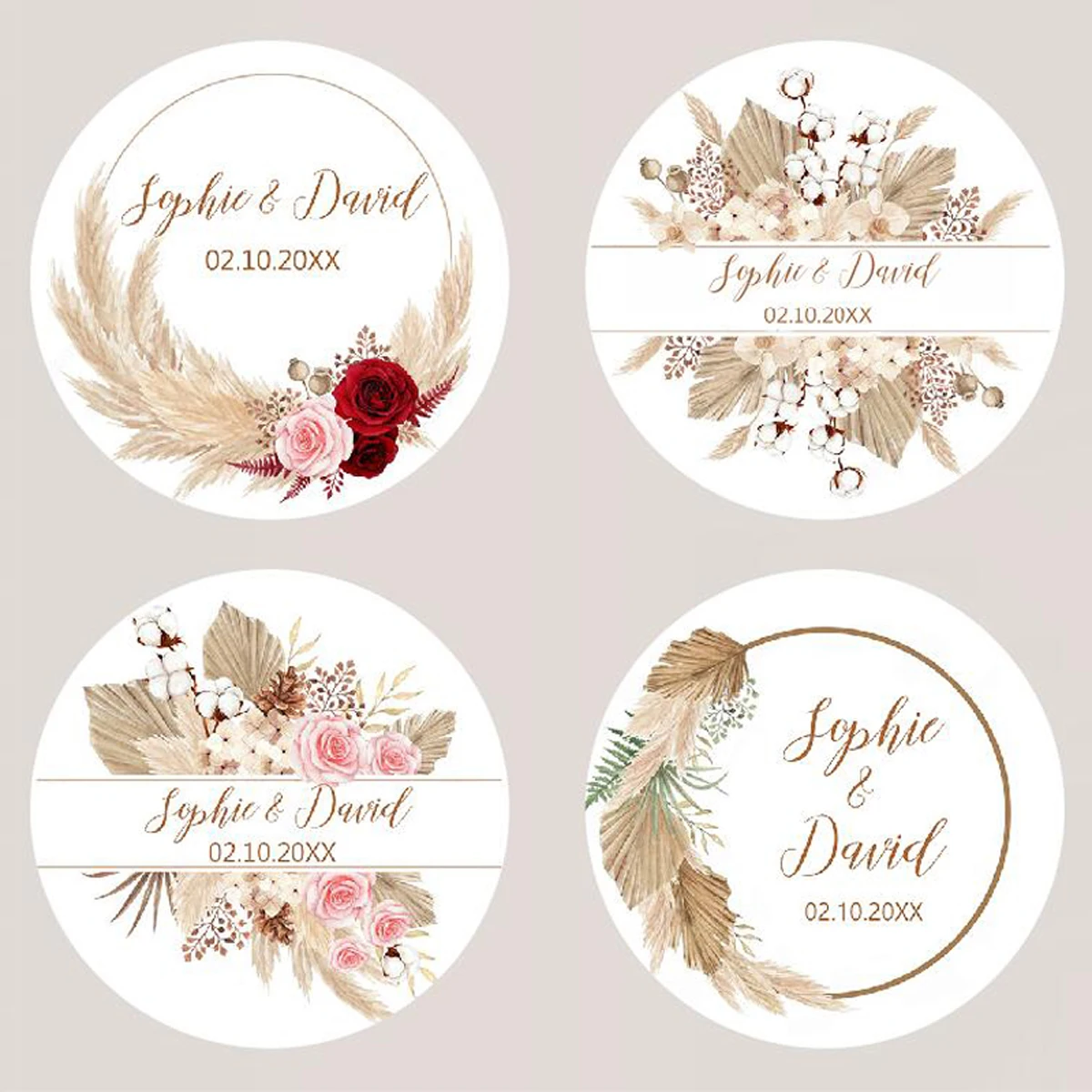 Pampas Grass Wedding Stickers 96Pcs Customize Wedding Labels Personalise Baptism Birthday Sealing Party Decor