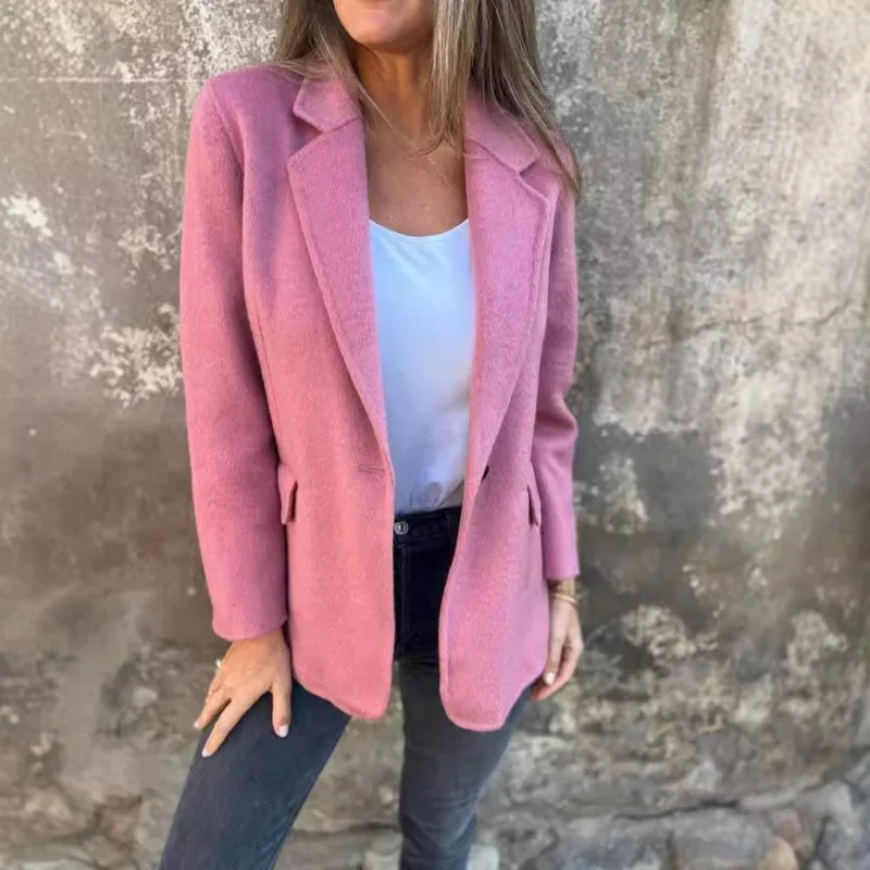 Veste Blazer en Laine Mélangée pour Femme, Col à Revers, Bouton Unique, Veste Casual à Fausses Poches, Veste Slim pour Femme de Bureau en Automne
