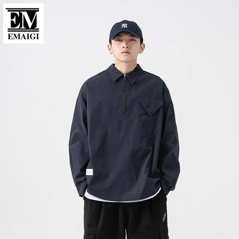 

Shirts Men Japan Harajuku Streetwear Fashion Loose Casual Long Sleeve Zipper Pullover Shirts Oversize Male Cargo Shirts