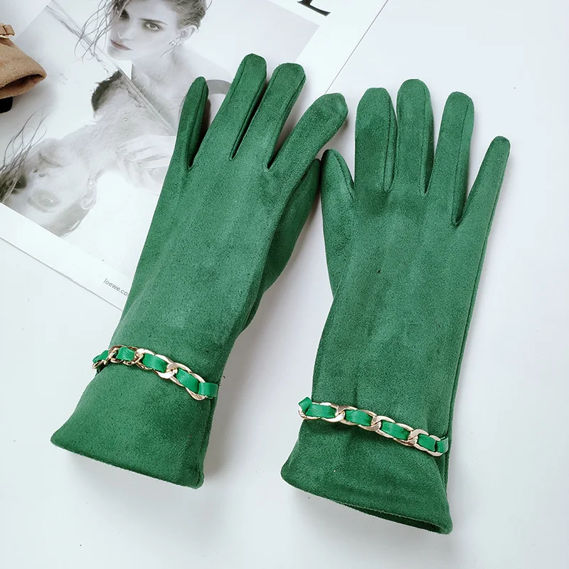 

Female Suede Leather Chain Rhinestones Velvet Thick Touch Screen Driving Gloves Winter Outdoor Riding Full Finge _MZL-144638537_