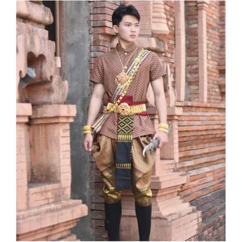 남성용 태국 전통 의상, 무대 공연 쇼 셔츠 바지 태국 국립 복장 의상 동남아시아 의상