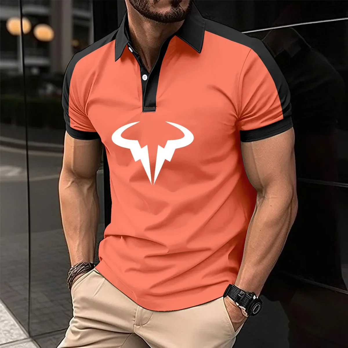 Description Picture 3 of itemSummer 50% Cotton Shirt Rafael Nadal print New Men's Breathable Short Sleeved Polo Shirt Casual Contrast Color men's golf shirt