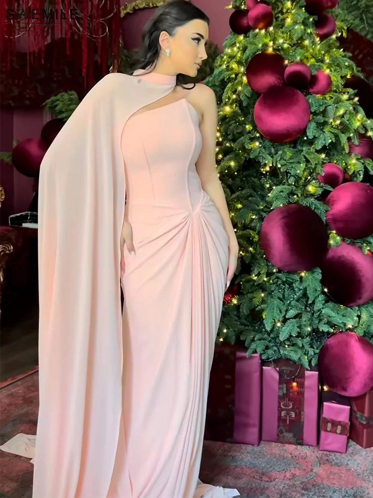 SWEMILE Pink Pleat Mermaid Evening Dresses with One Shoulder Cape Woman Wedding Arabic Chiffon Prom Gown فساتين Customized 6