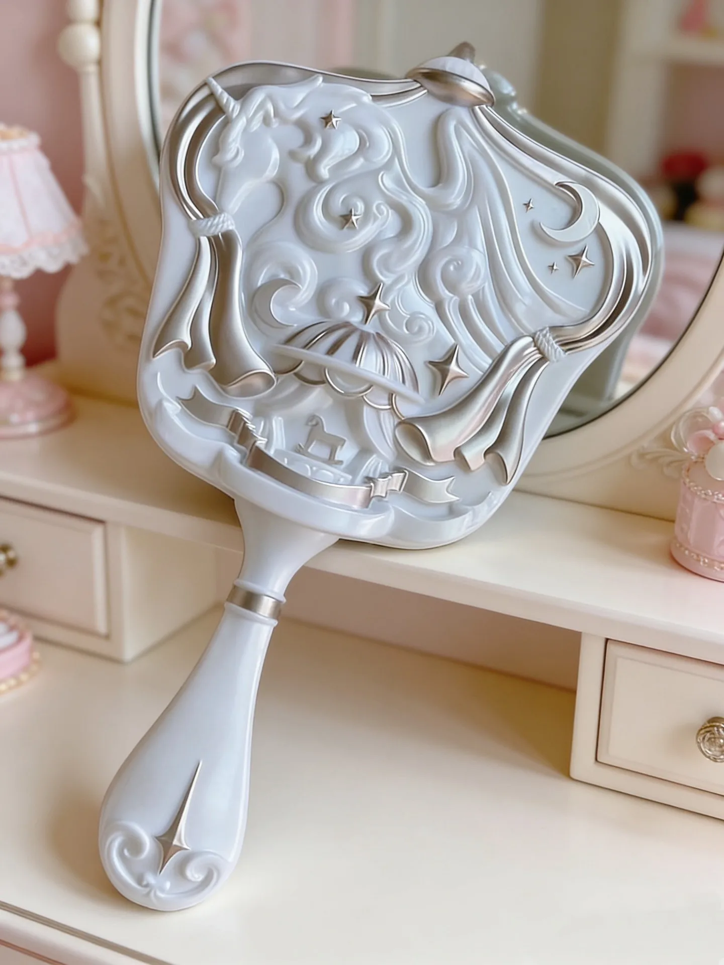 플라워 노우즈 유니콘 시리즈 핸드 홀딩 화이트&핑크 미러 희귀 정교한 메이크업 도구