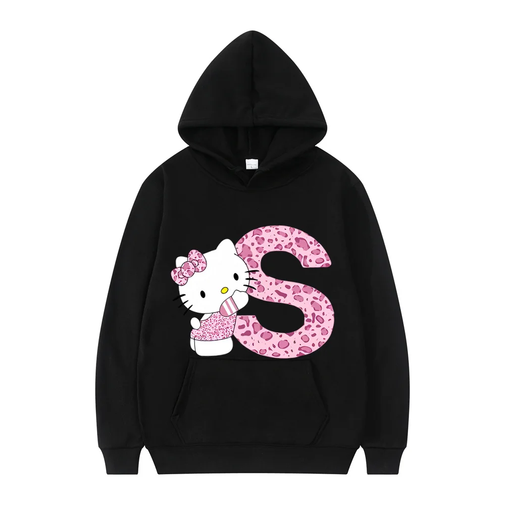 2025 Black Hello Kitty Letter A-Z Woman and Men Long-sleeved Hoodies Sanrio Hoodies Clothes Cartoon Clothes Kawaii Birthday Gift 5