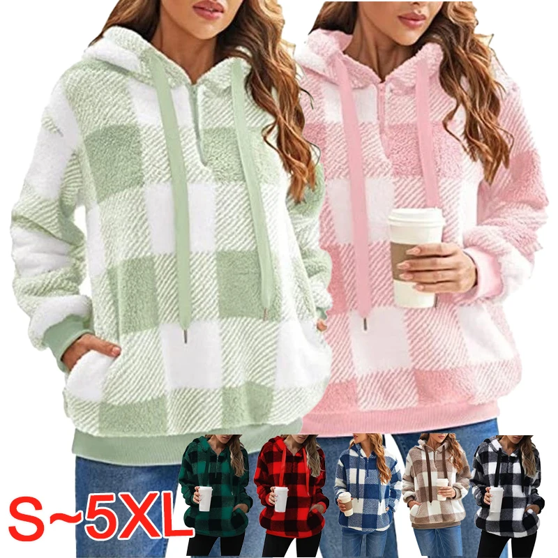 Women's casual warm hoodie plaid long sleeved hoodie pullover Women's autumn colorful drawstring thickened hoodie